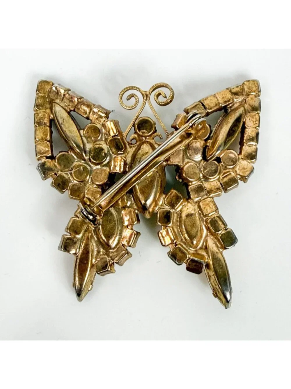 Vintage AB Amber Prong Set Rhinestones Navette Gold Tone Butterfly Brooch Pin